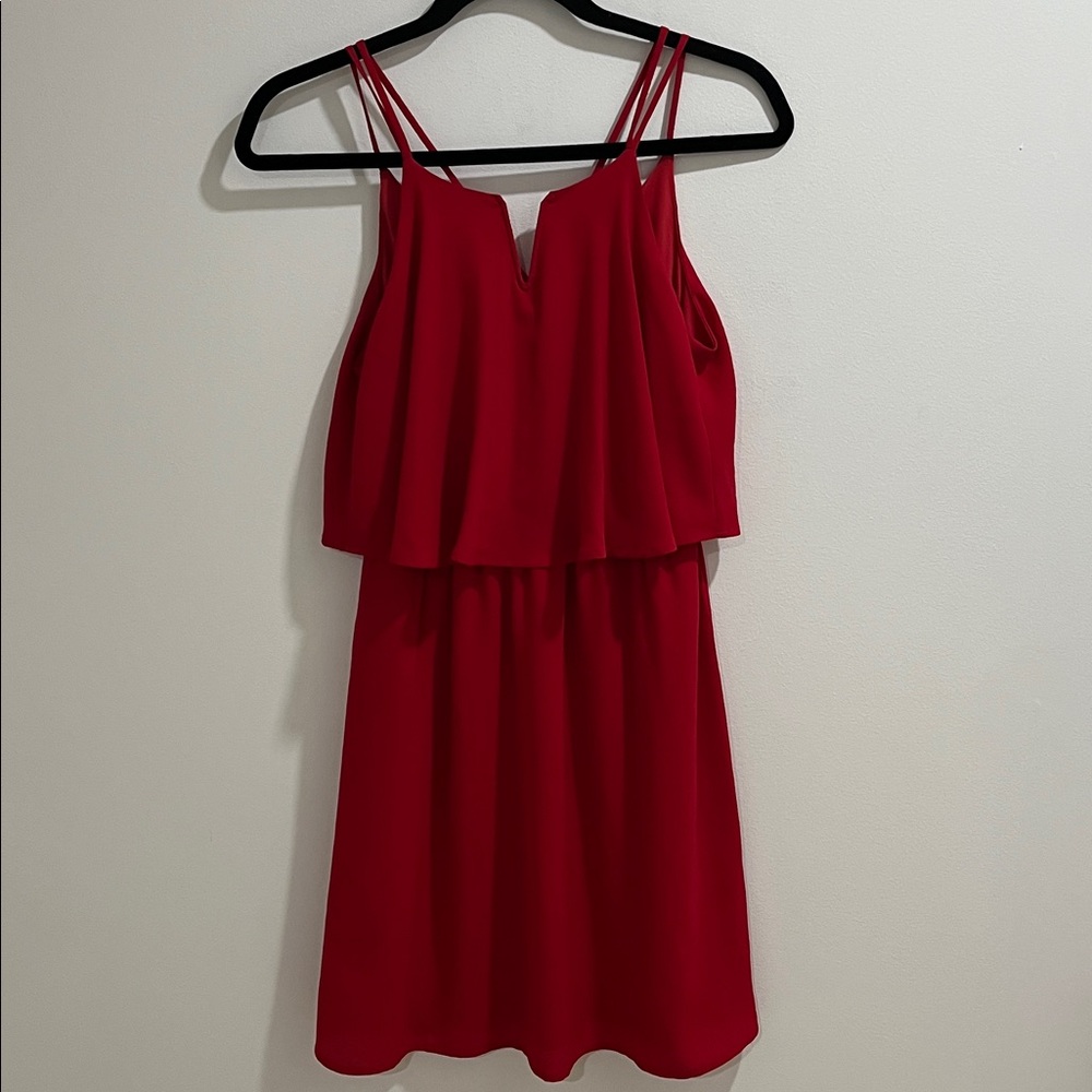 Monteau Women’s Red Dress Small Layers Flowy Lined Straps Knee Length Party